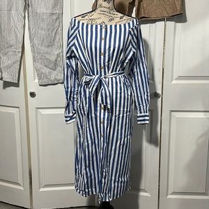 Women's Banana Republic Vertical Stripped Button Up Belted Midi Dress